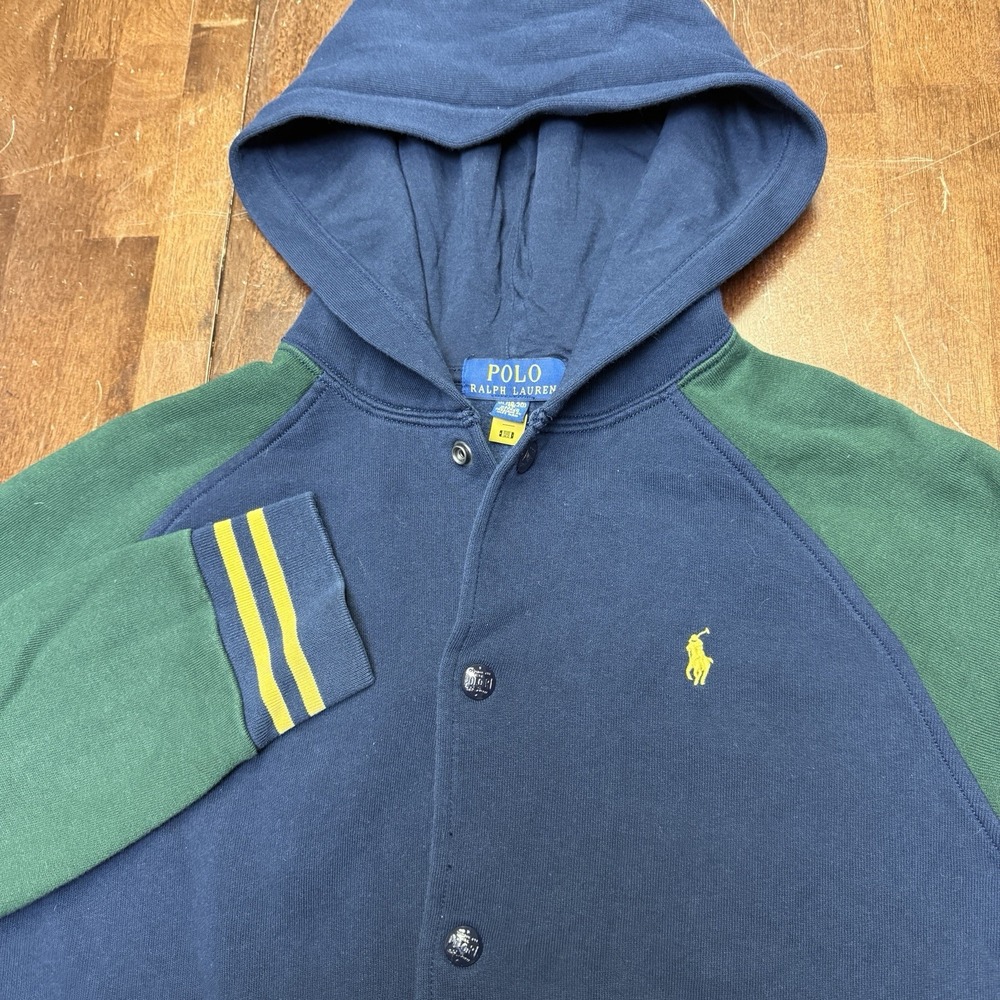 Polo Ralph Lauren Boys XL 18-20 Blue Hooded Varsity Jacket Logo Preppy Baseball